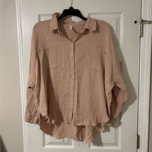 Zenana Outfitters Button Down Shirt in Light Tan